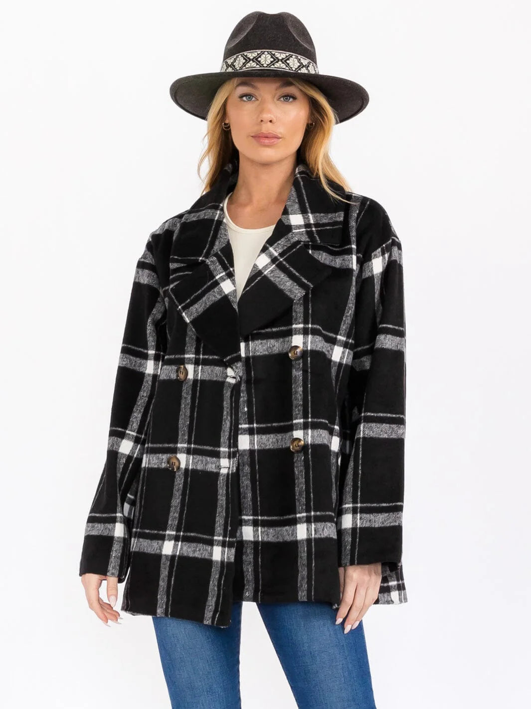 MARGOT BUTTON CLOSURE FRONT POCKETS PLAID COAT