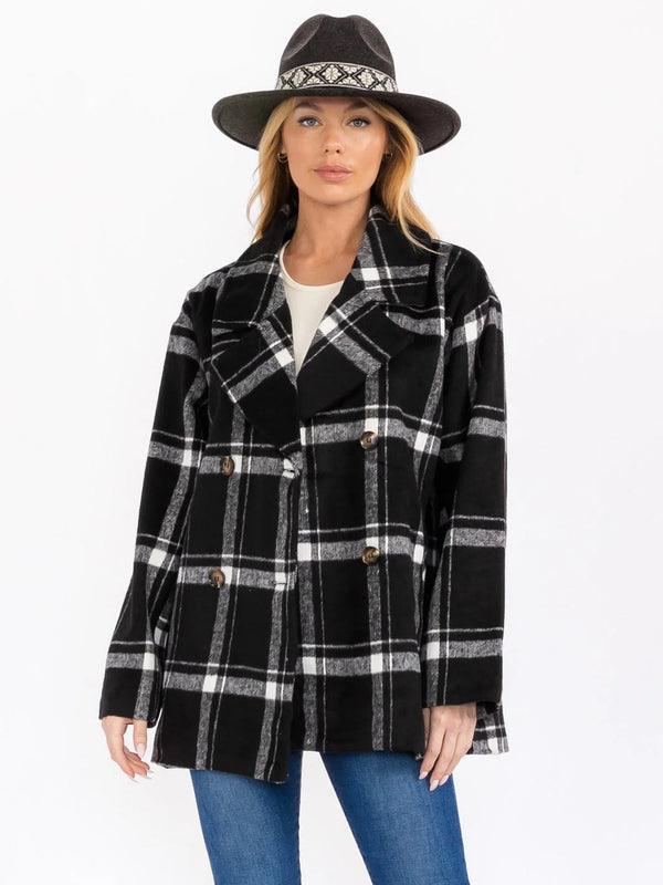 MARGOT BUTTON CLOSURE FRONT POCKETS PLAID COAT