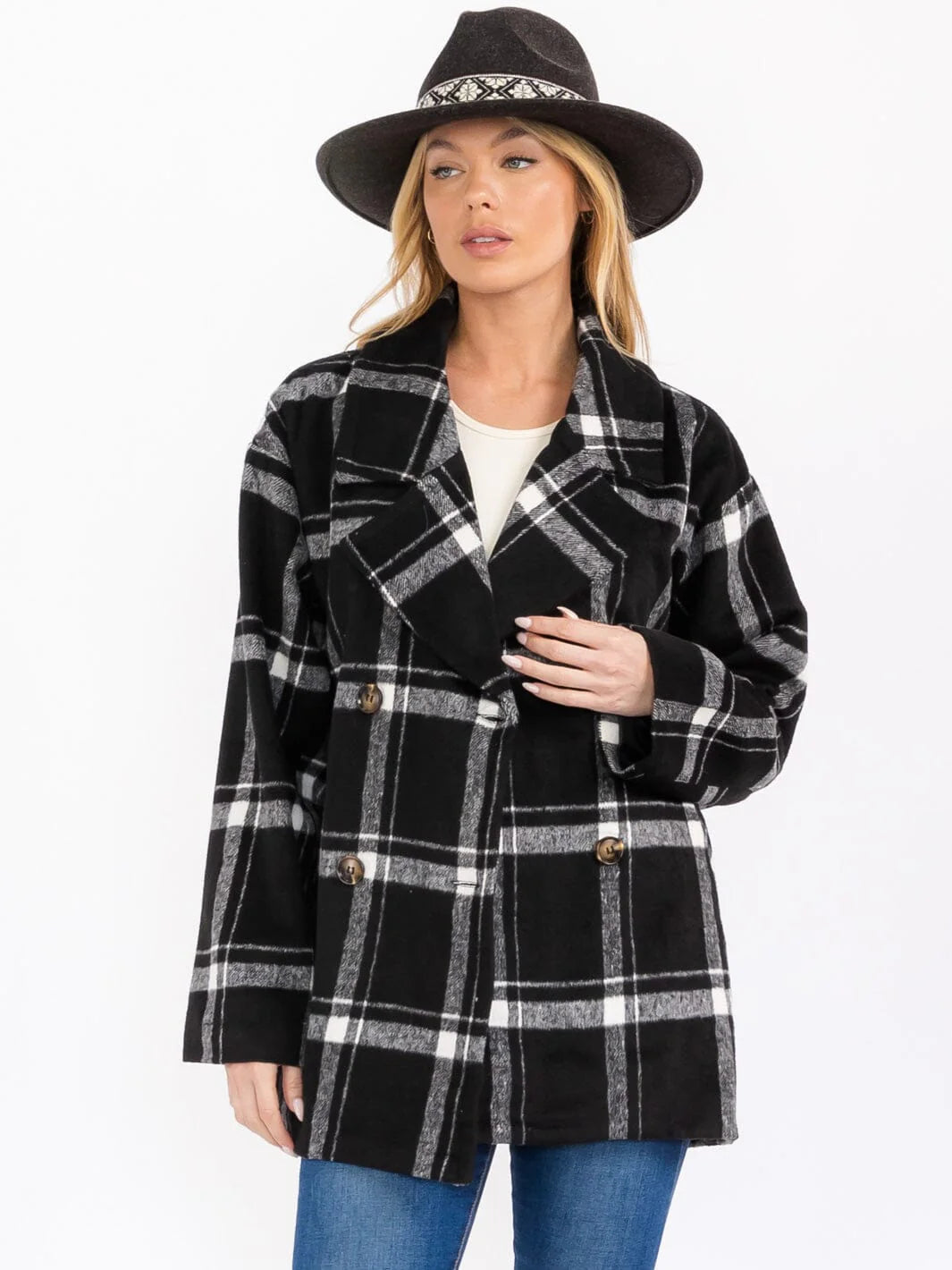 MARGOT BUTTON CLOSURE FRONT POCKETS PLAID COAT