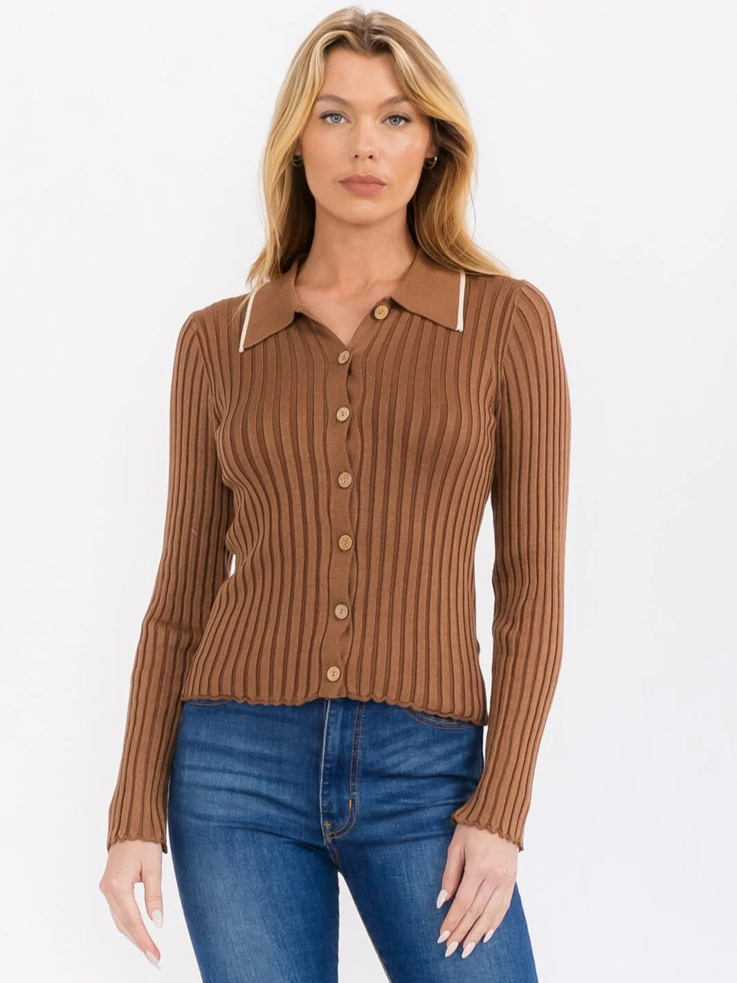 SARAH BUTTON UP RIBBED BLOUSE TOP