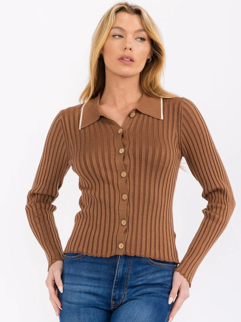 SARAH BUTTON UP RIBBED BLOUSE TOP