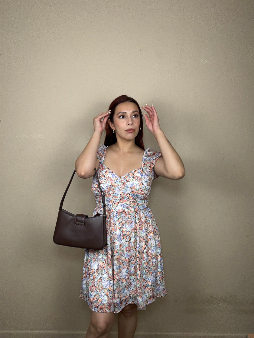 V NECK BACK TIE FLORAL MINI DRESS